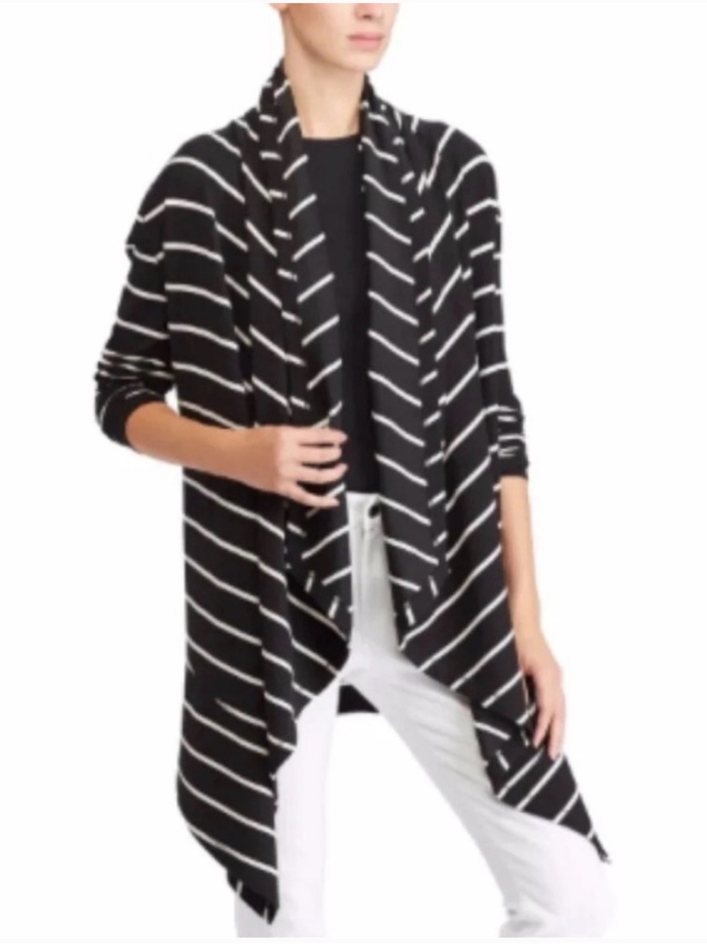 Lauren Ralph Lauren Women's Open Front Waterfall Terry Cardigan Striped Black